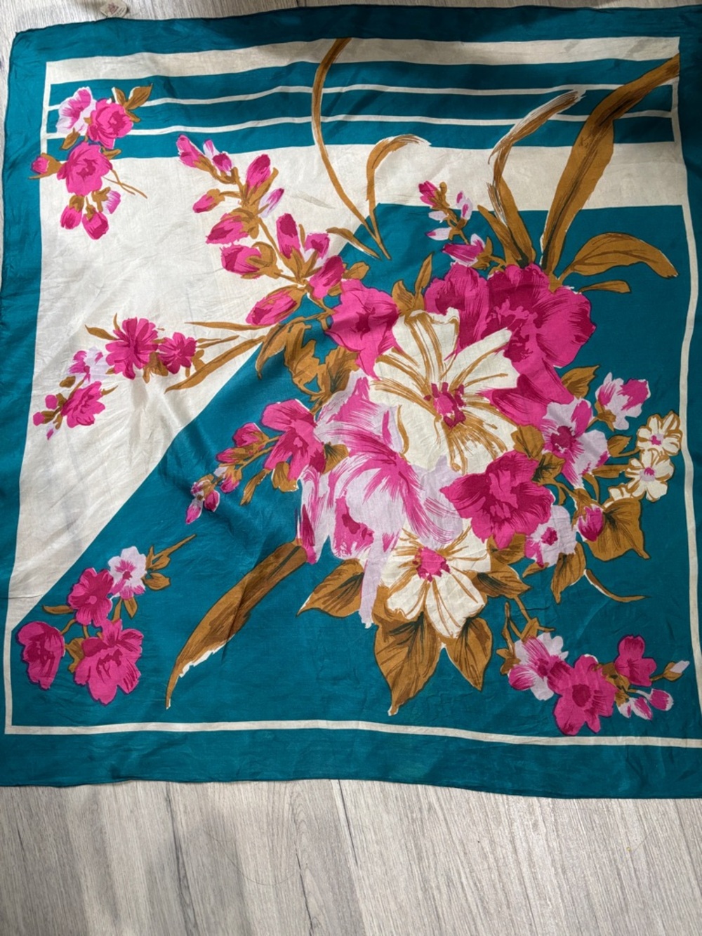 Silk Floral Teal & Pink Neck Scarf - Picture 10 of 10